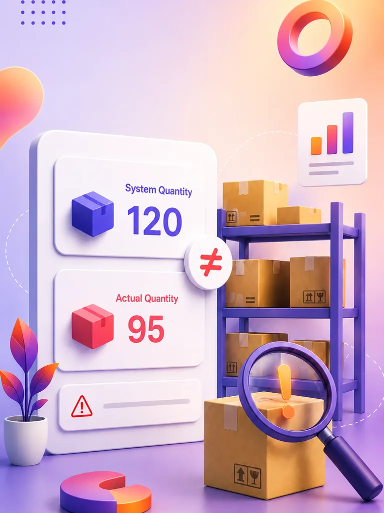 Inventory dashboard showing a system quantity of 120 next to an actual counted quantity of 95