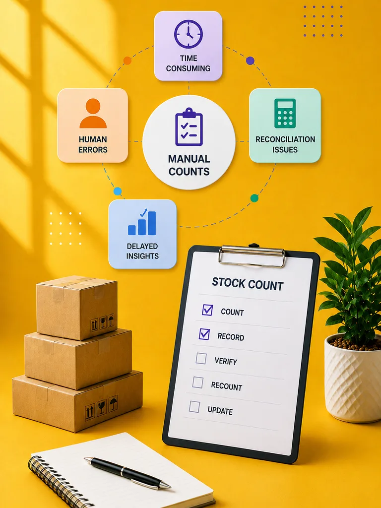 Clipboard with a handwritten stock count checklist surrounded by icons for human errors, lost time and reconciliation issues