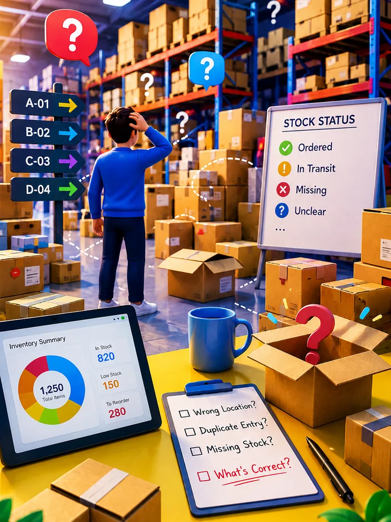 Warehouse worker scratching their head among unlabeled boxes and a stock status board full of question marks